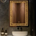 Luxury Rectangular LED Bathroom Mirror with Golden Abstract Designer Frame & Touch Sensor